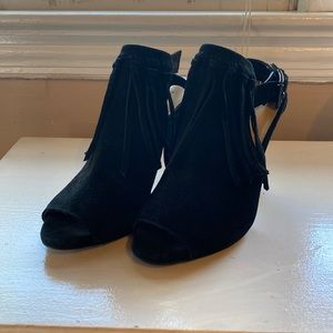 Michael Kors Kassidy Open Toe Booties Black Suede Fringe